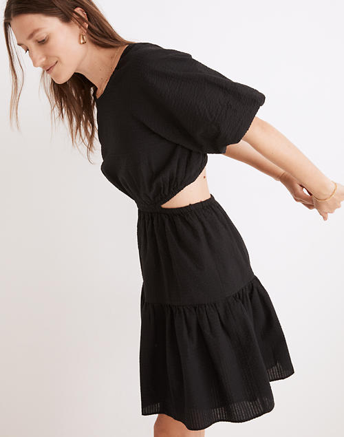 Madewell + Seersucker Puff-Sleeve Cutout Mini Dress