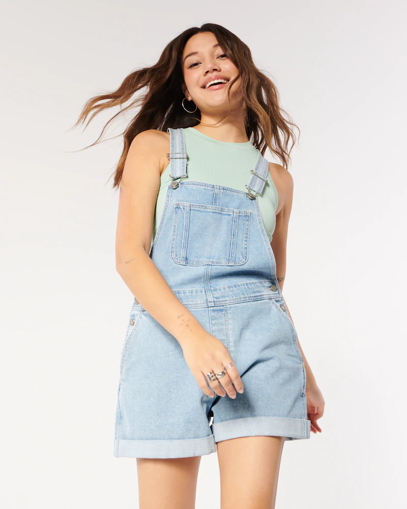 Hollister + Slouchy Medium Wash Denim Shortall