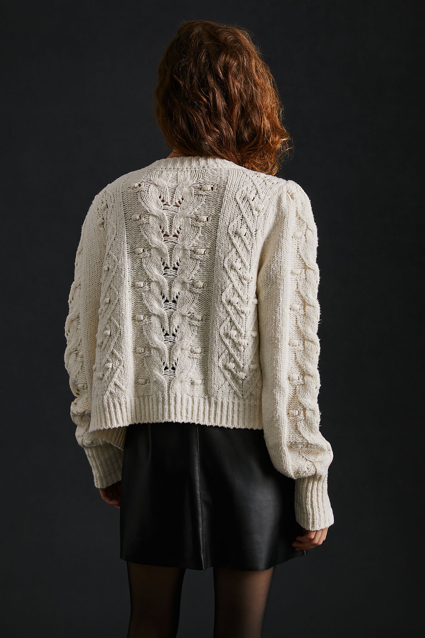 Maeve + Maeve Cable-Knit Puff-Sleeve Cardigan