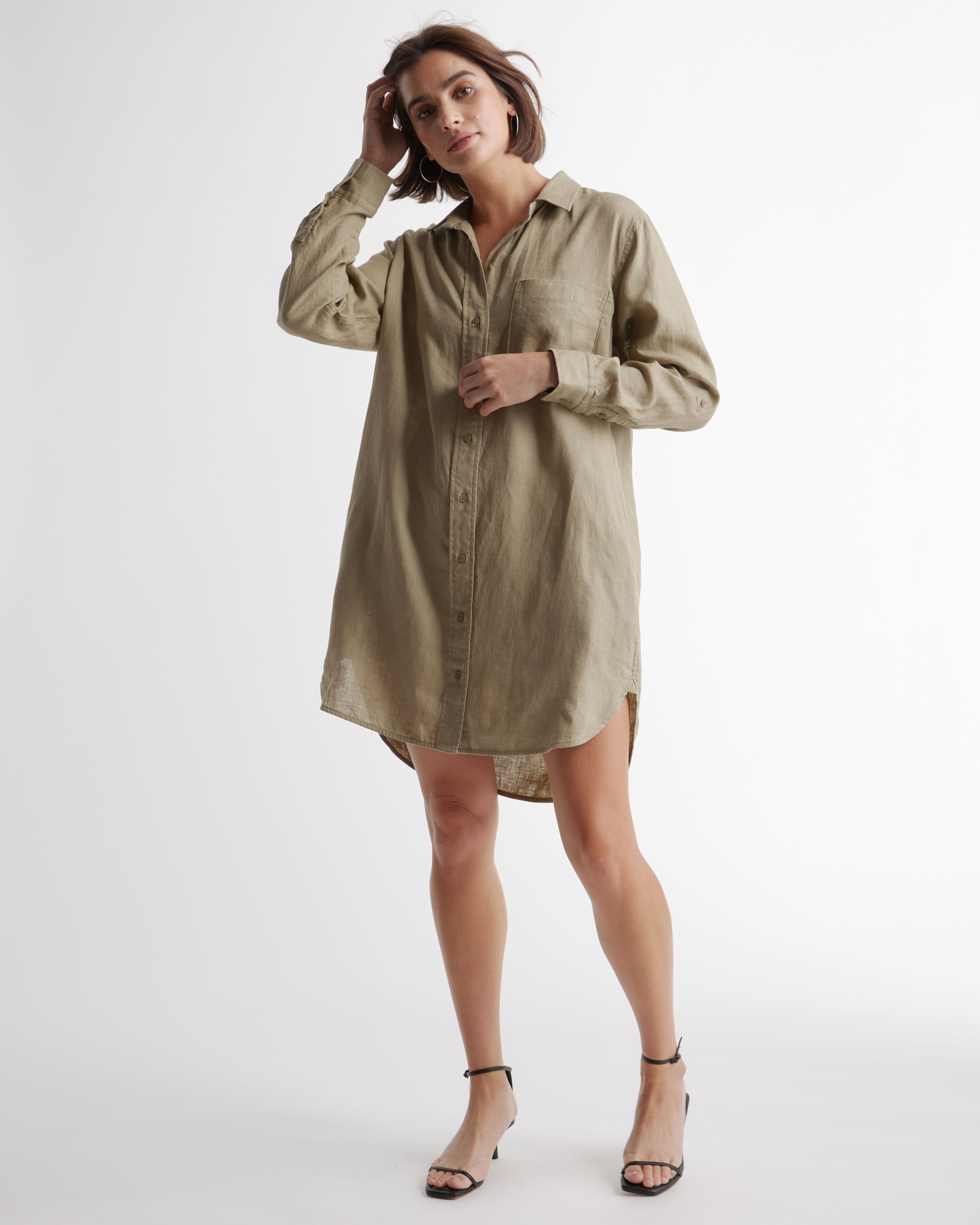 Quince European Linen Long Sleeve Maxi Shirt Dress sz S Small Sand-Beige  Belted