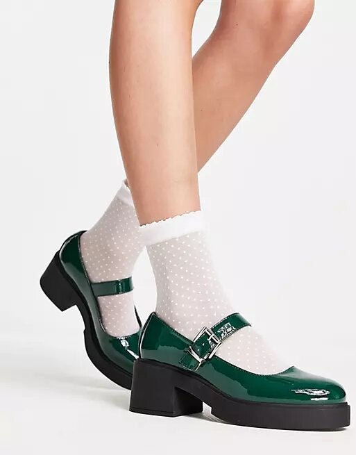 ASOS DESIGN Sebi chunky mary jane heeled shoes in black patent