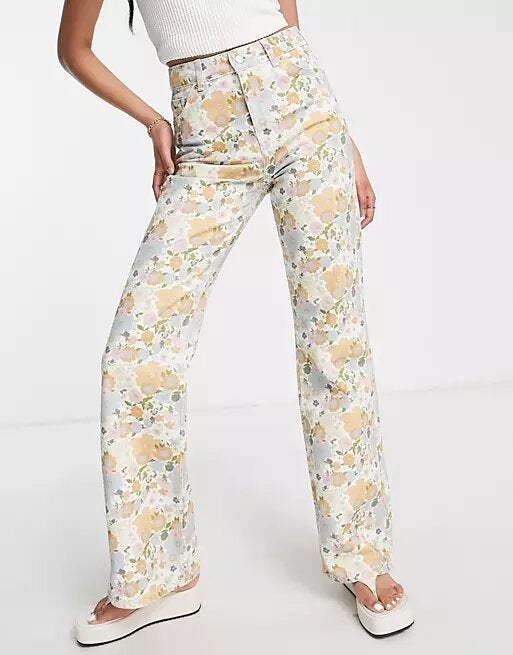 Topshop + Retro Floral Pattern 90s Flare In Multi