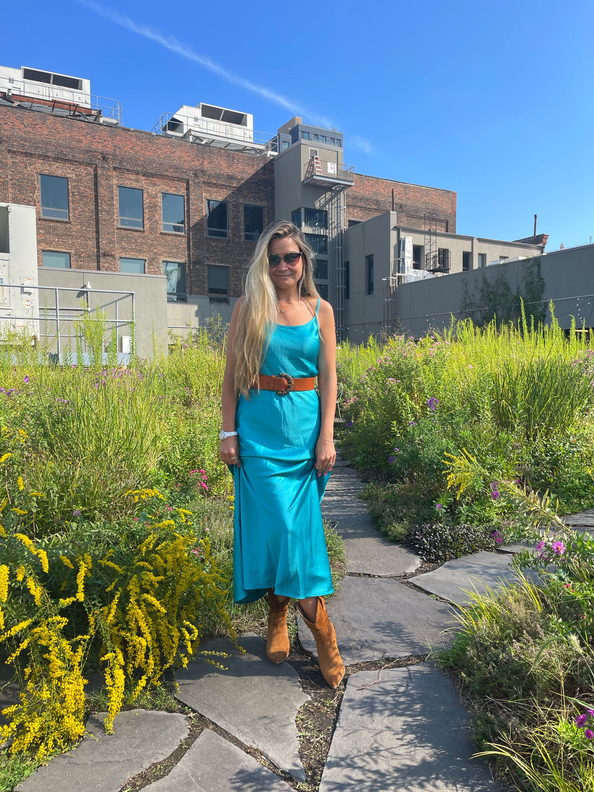 turquoise dress with cowboy boots