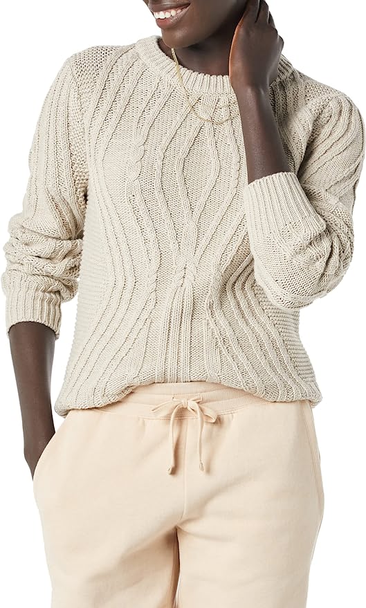 Amazon Essentials + Women’s 100% Cotton Crewneck Cable Sweater