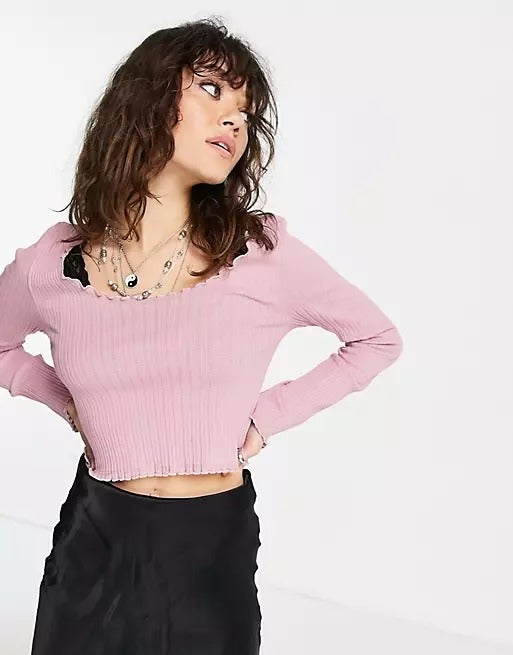 Topshop + Frill Edge Rib Pointelle Top in Pink