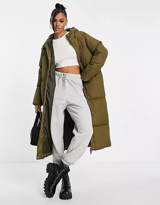 Threadbare + Jodie Maxi Puffer Coat With Hood In Khaki
