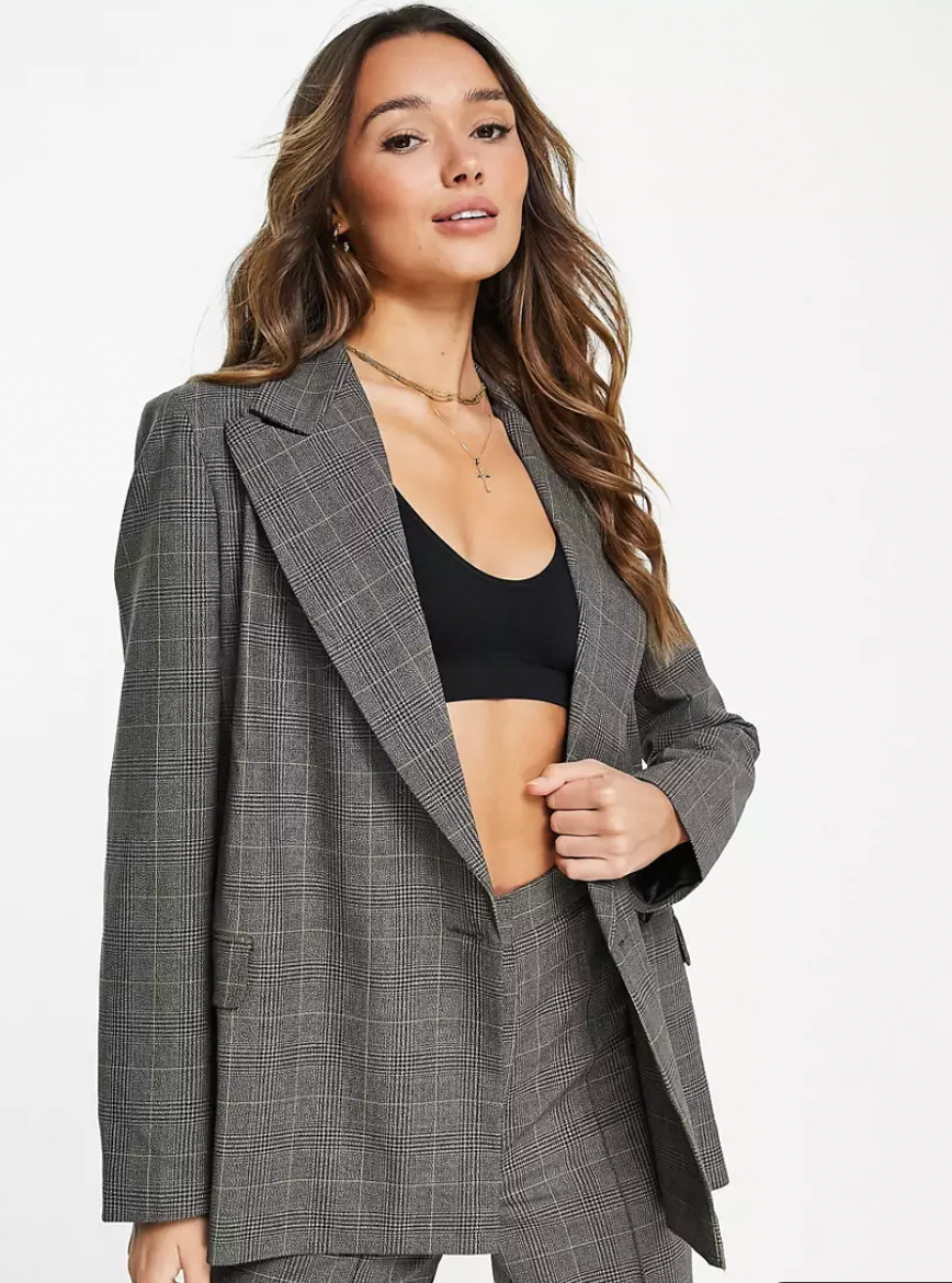 Topshop + Wrap Double Breasted Plaid Blazer In Brown