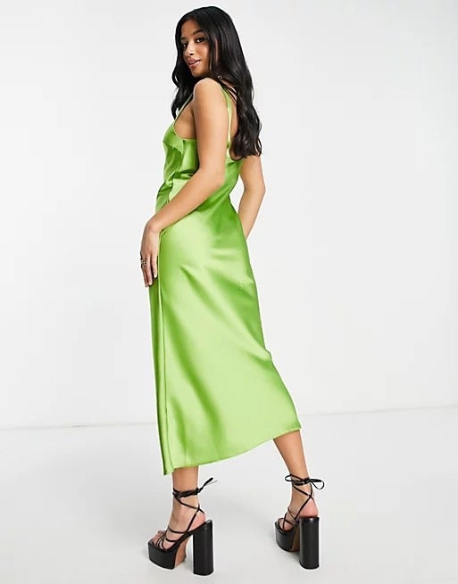 ASOS DESIGN + Petite Scoop Neck Midi Satin Slip Dress in Green