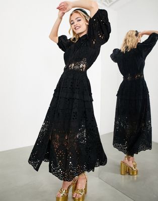 ASOS EDITION + Waisted Broderie Midi Shirt Dress With Puff Sleeve In Black