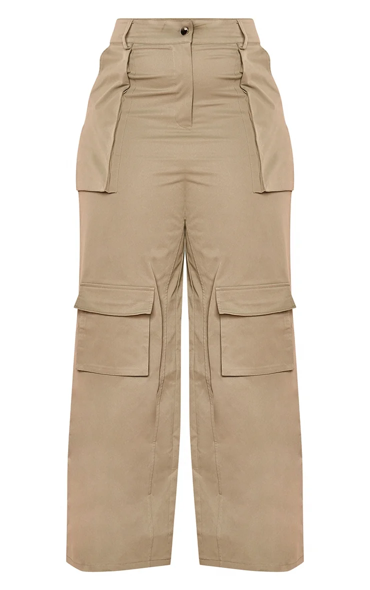 Khaki Twill Pocket Detail High Waist Cargo Trousers
