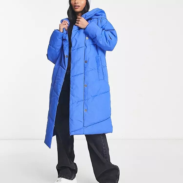 Noisy May Petite + Longline Padded Coat With Hood in Blue