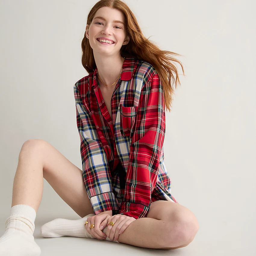 J.Crew Long-sleeve flannel pajama short set in cocktail plaid For