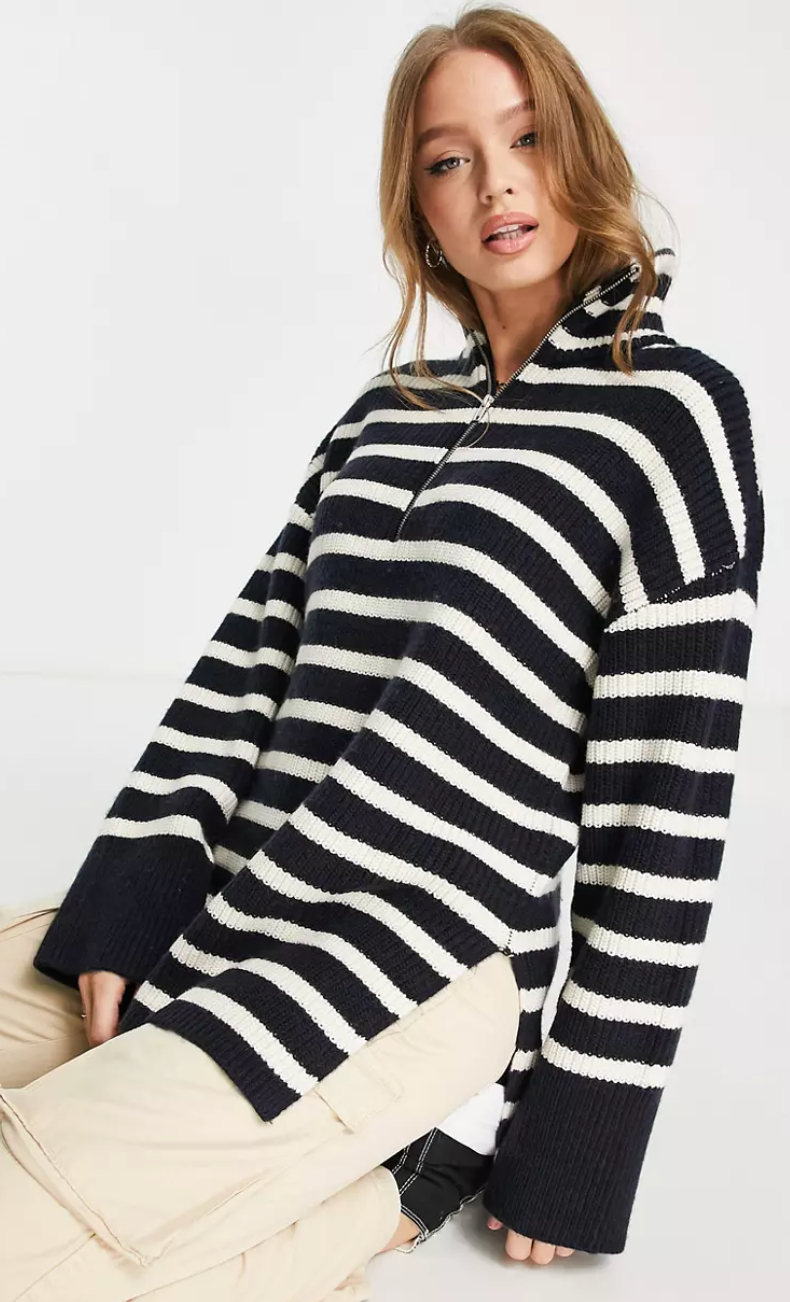 Monki + Oversized Zip Neck Sweater In Navy And Off White Stripe