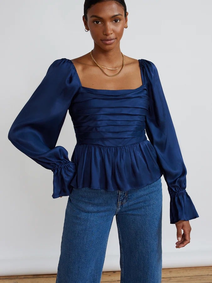 Kitri + Sonya Navy Pleated Satin Top