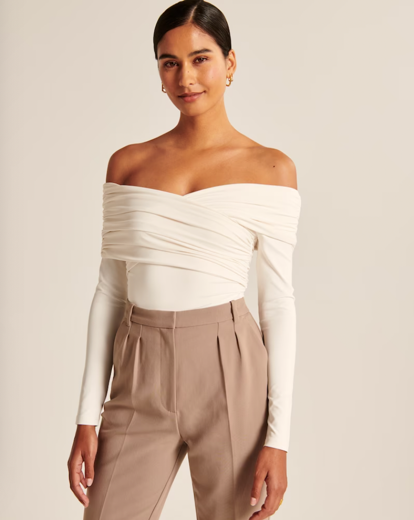 Veryan Long Sleeve Ruched Bralette with Sheer Overlay in Stone