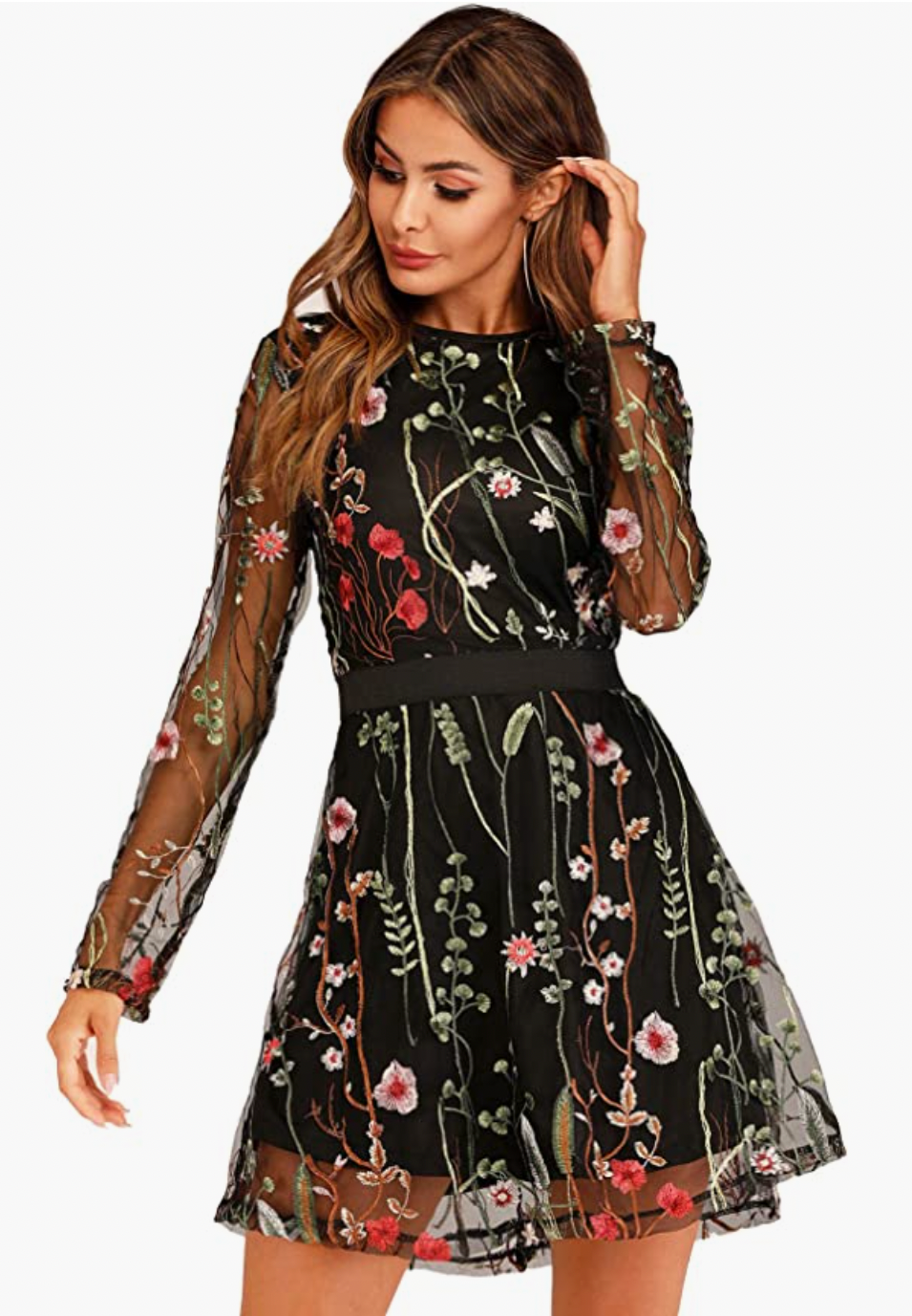 Milumia + Floral Embroidery Mesh Round Neck Tunic Party Dress
