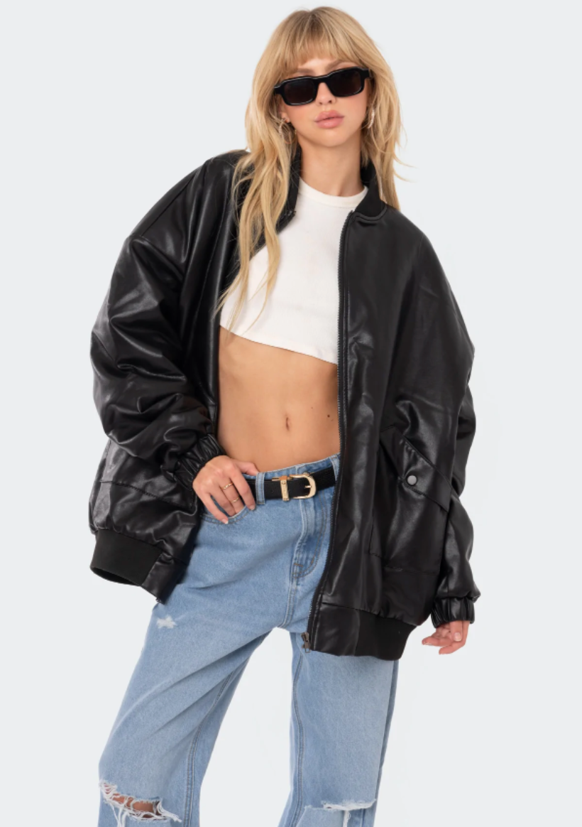 Faux Leather Oversized Bomber Jacket