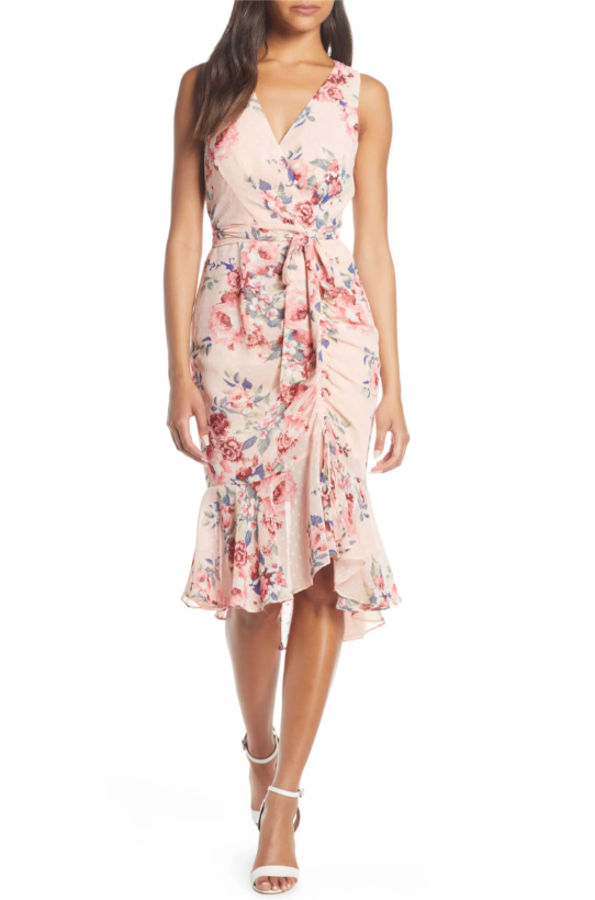 Eliza J. + Floral Ruched Chiffon Faux Wrap Dress