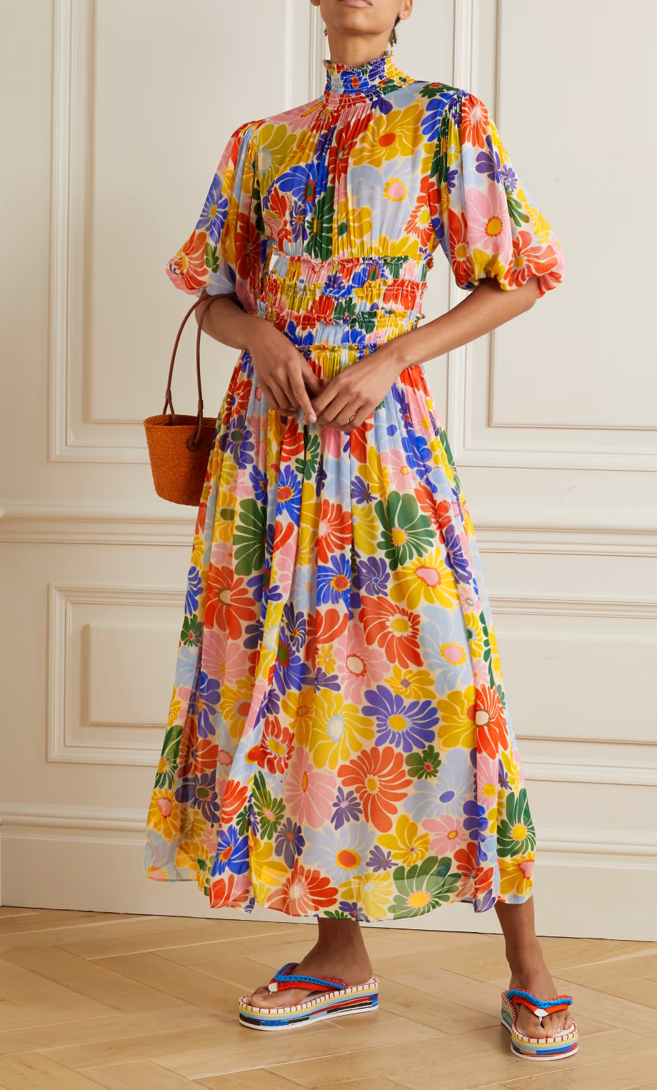 Farm Rio + Gathered Floral-Print Chiffon Midi Dress