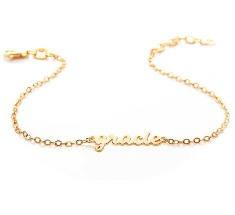 Tiny Tags + Gold Script Nameplate Chain Bracelet