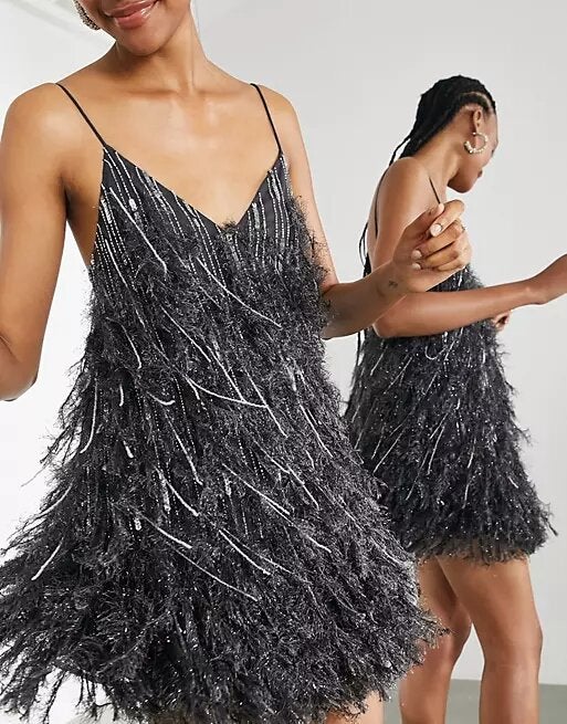 ASOS DESIGN + Faux Feather & Sequin Mini Dress With Low Back In Charcoal