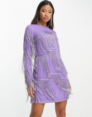 ASOS DESIGN + embellished shift mini dress with beaded fringe in purple