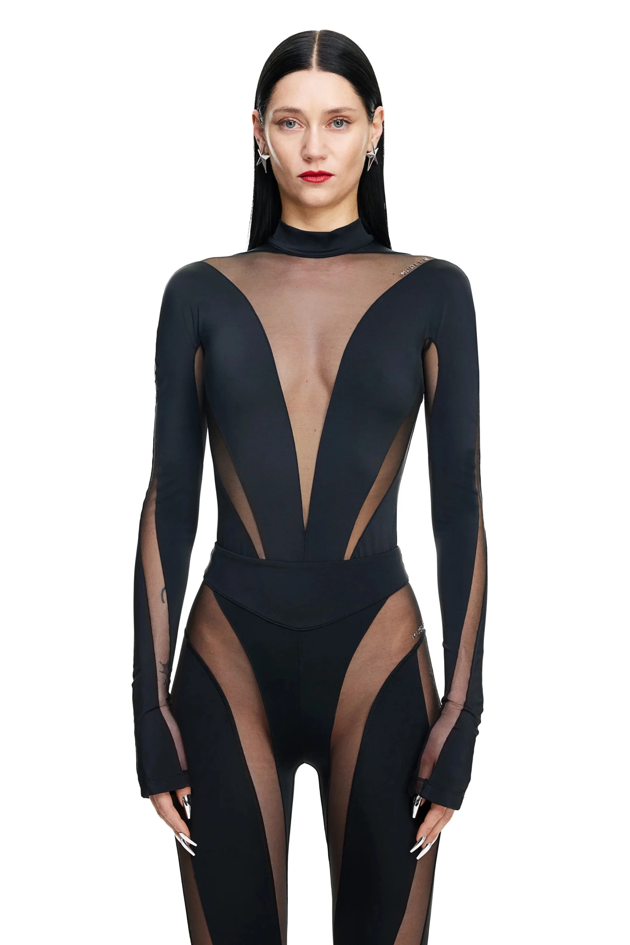 Mugler Panelled Stretch-jersey And Tulle Bodysuit, Black, 10