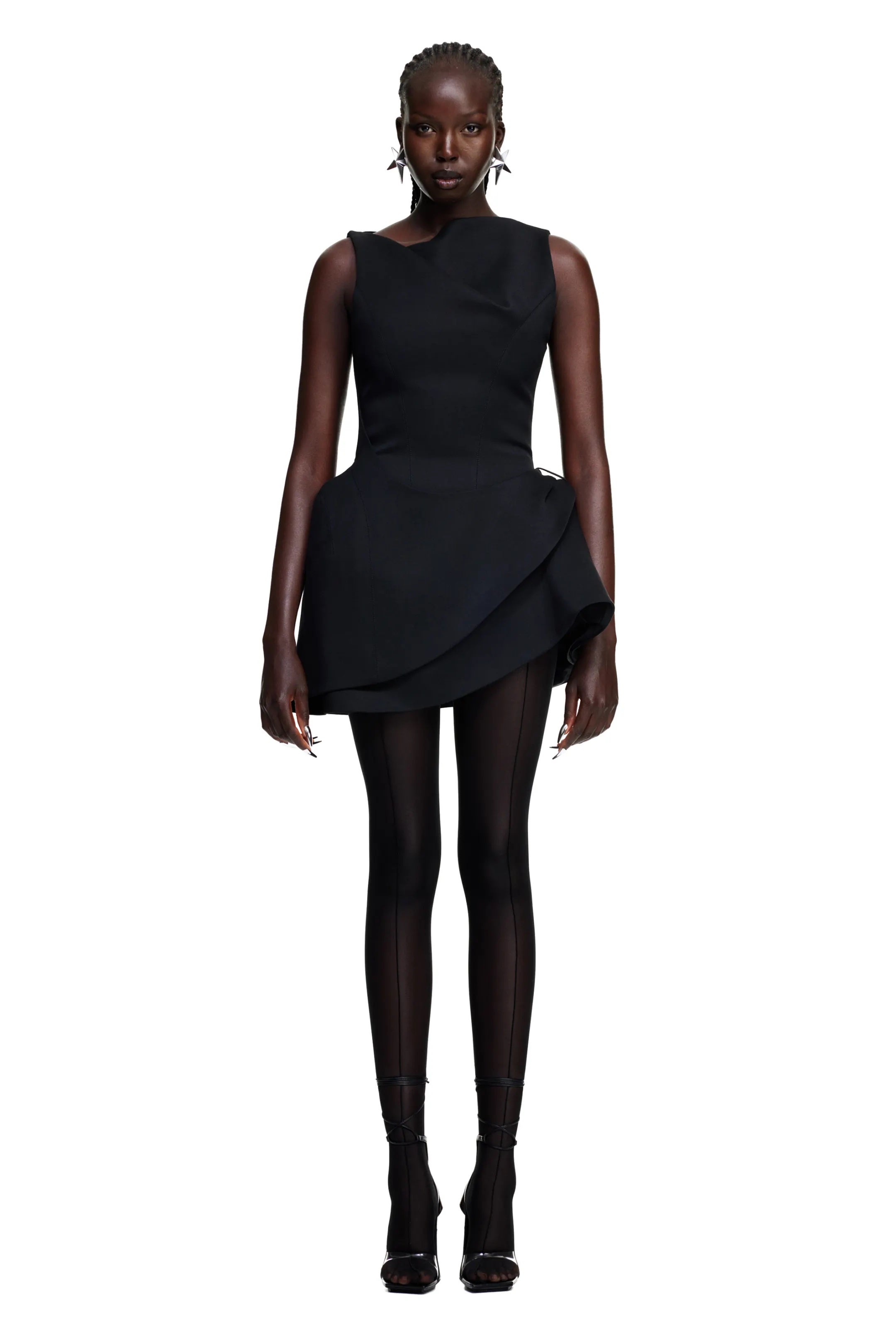 Belted Mid-Length Dress Black Wool and Silk Shantung | DIOR