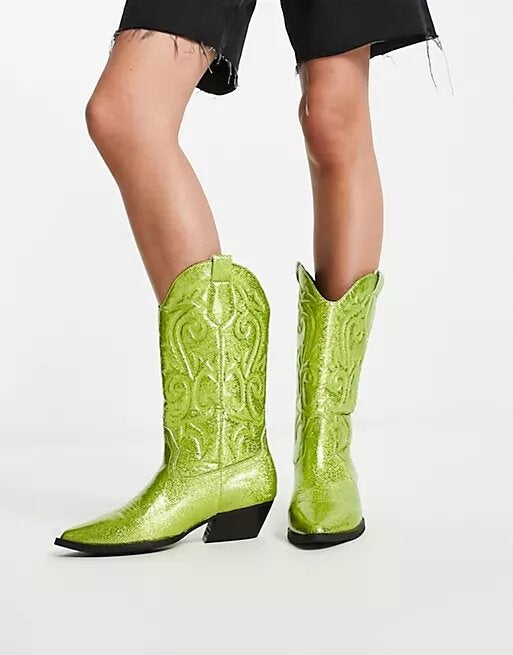 ASOS DESIGN + Andi Flat Western Knee Boots in Green Glitter