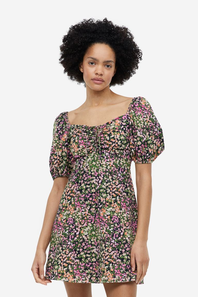 H&M + Puff-sleeved Dress with Lacing