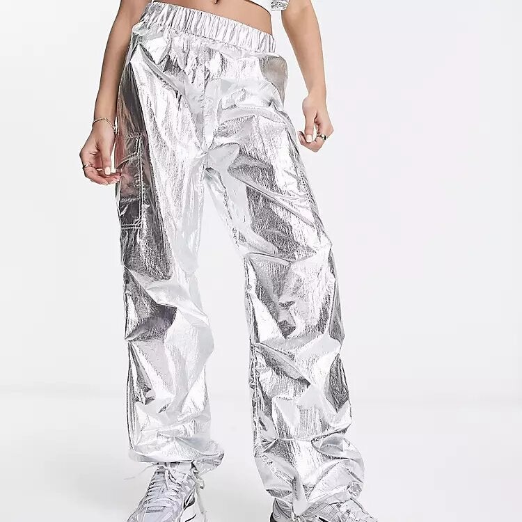 Monki + Cargo Trousers In Silver Metallic