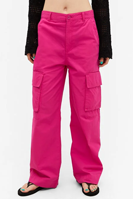 Monki + Cargo Trousers Low Waist Loose Fit Cotton Pink