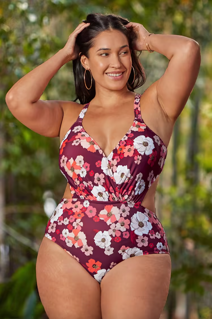 Plus Size One Piece Swimsuit For Women, Multicolor Print, No Bra