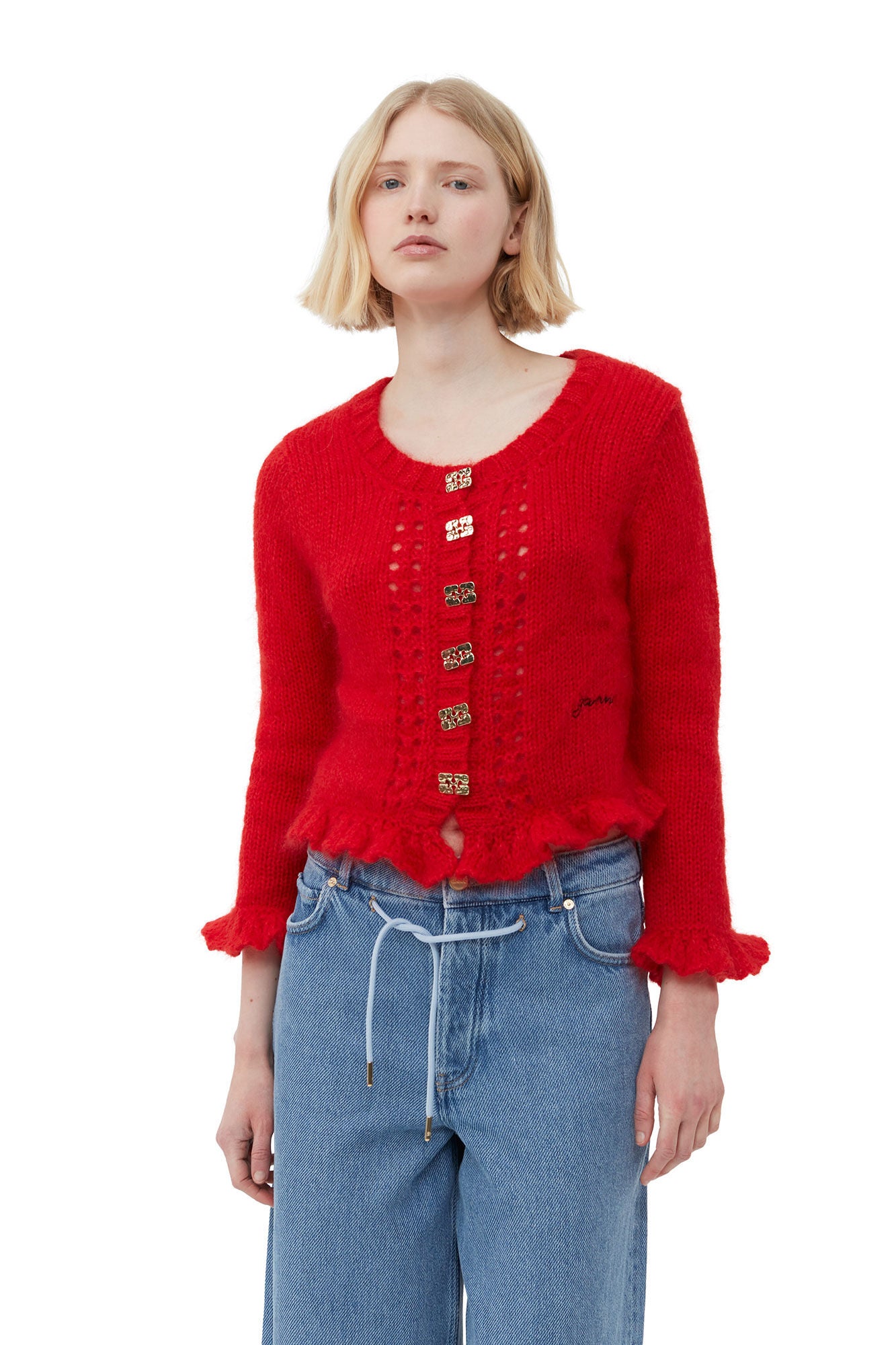 Ganni + Red Mohair Cardigan