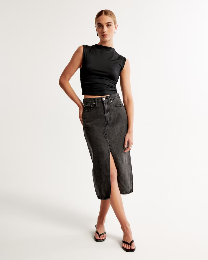 High Rise Pencil Denim Midi Skirt with Washwell