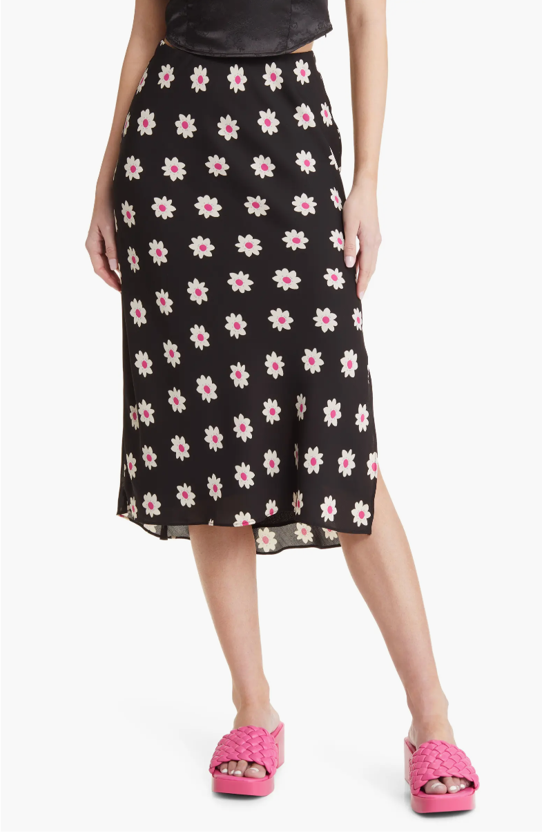 BP. + Floral Print Side Slit Midi Skirt