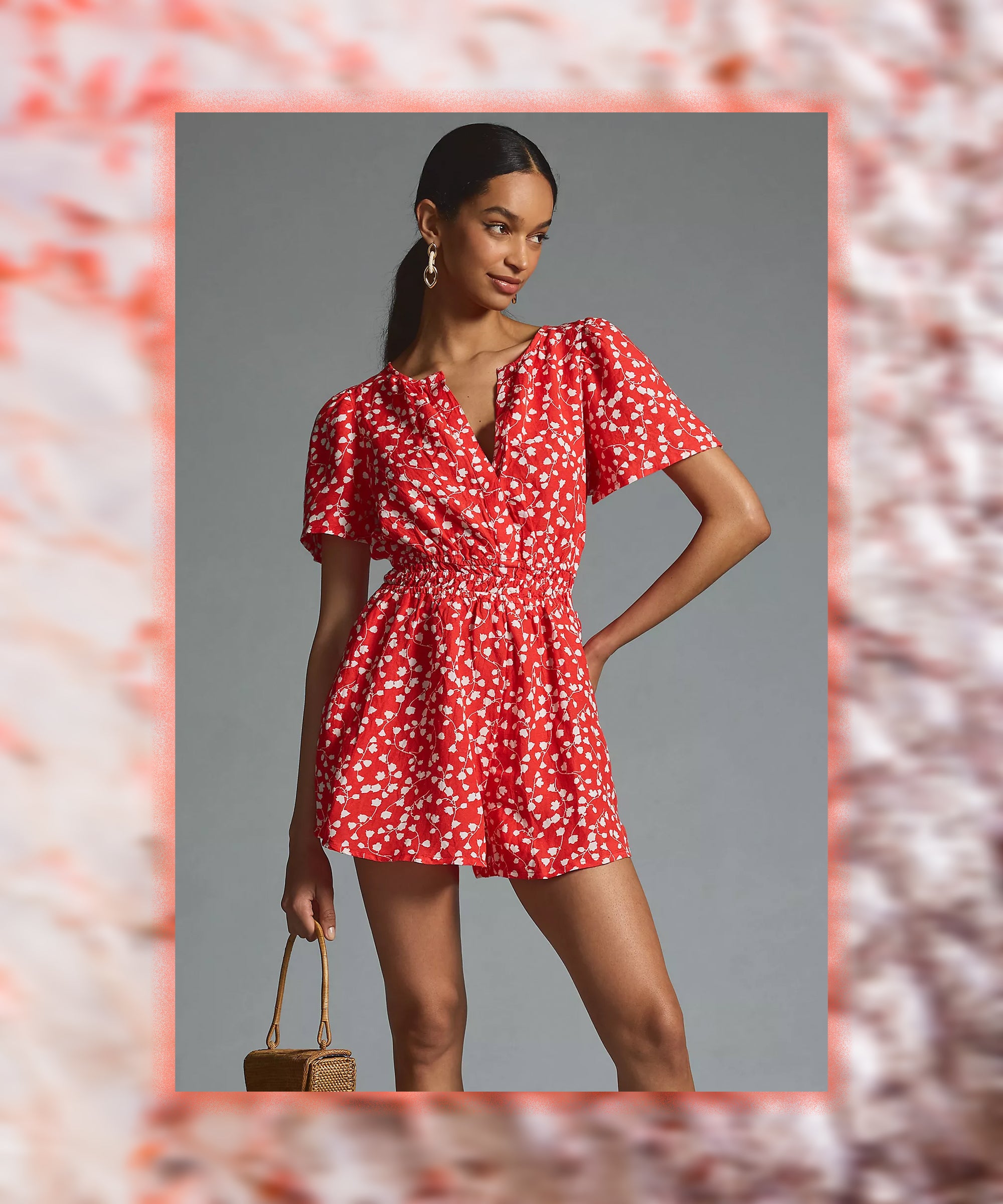 Womens Floral Jumpsuit, Bell Sleeve Summer Shorts Romper: Black/Red