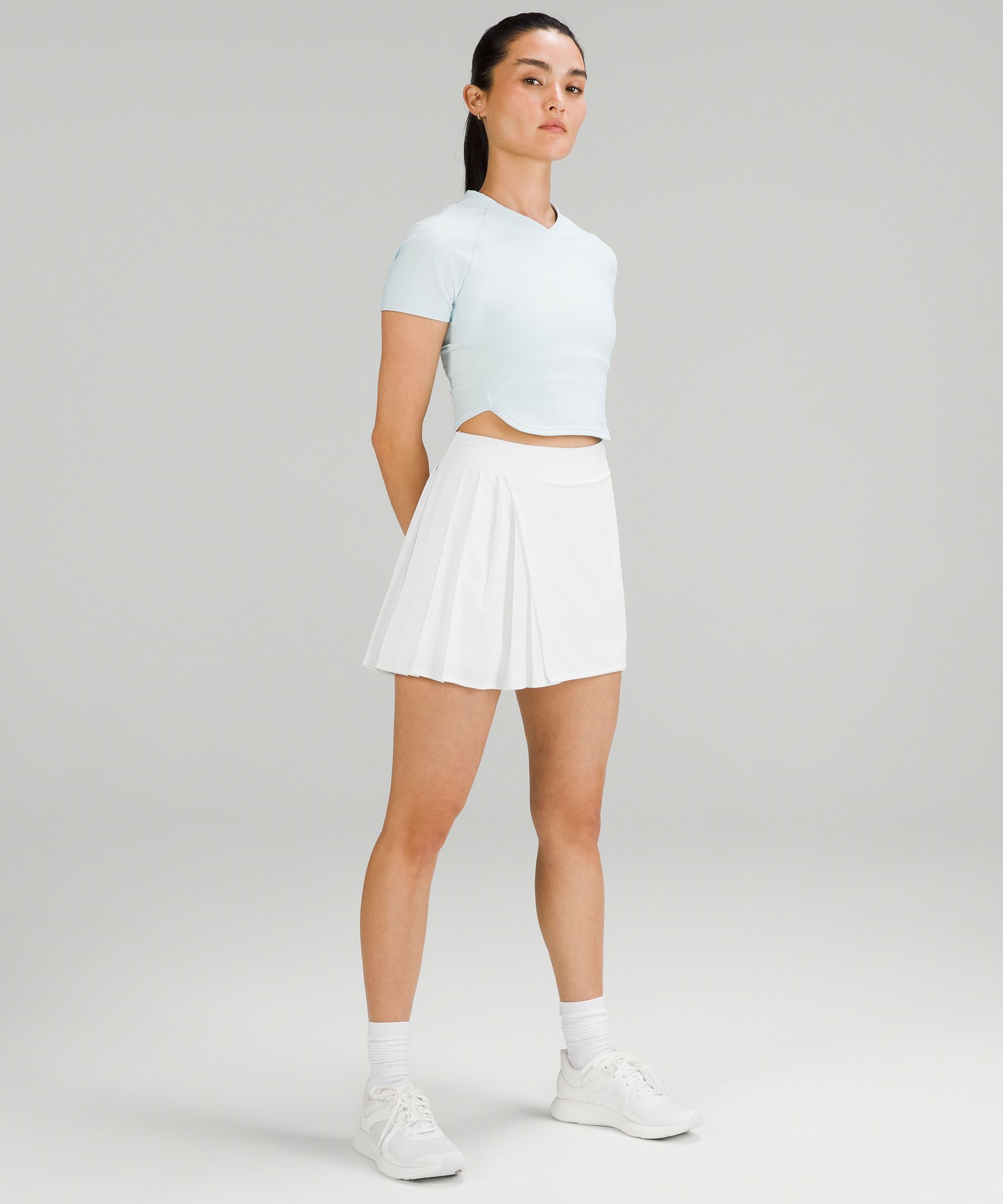 Size 8 NWT offers Lululemon Asymmetrical Pleated Tennis Skirt in Powder Blue/White