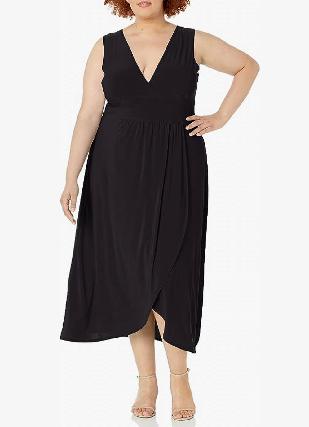 Final Sale Plus Size Faux Wrap Sleeveless Gown with Criss Cross Back a