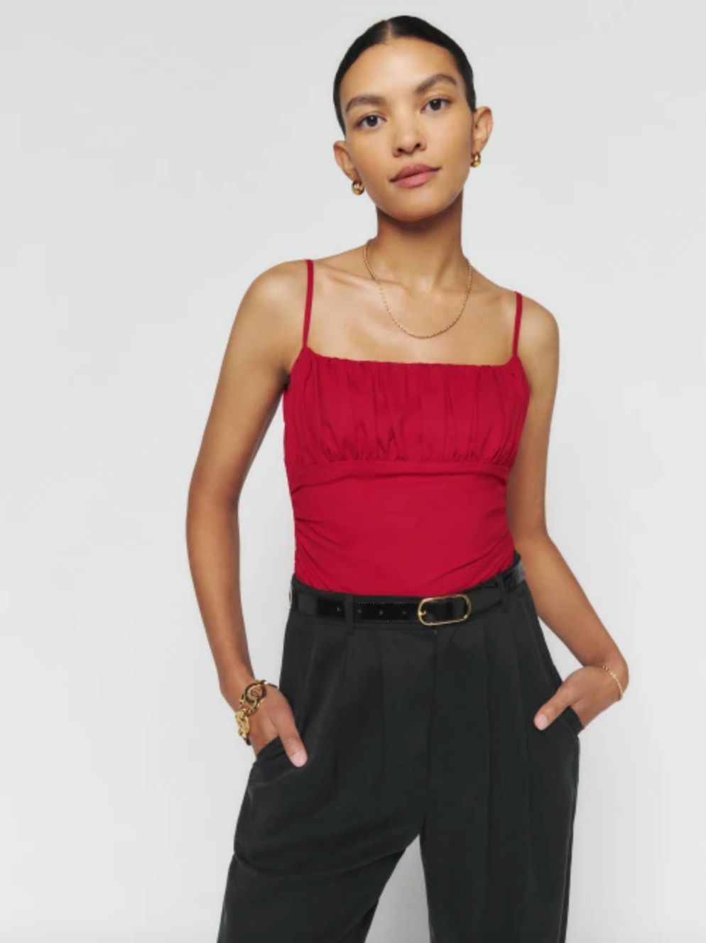 Red Tiana ruched cotton-blend poplin cami top, Reformation