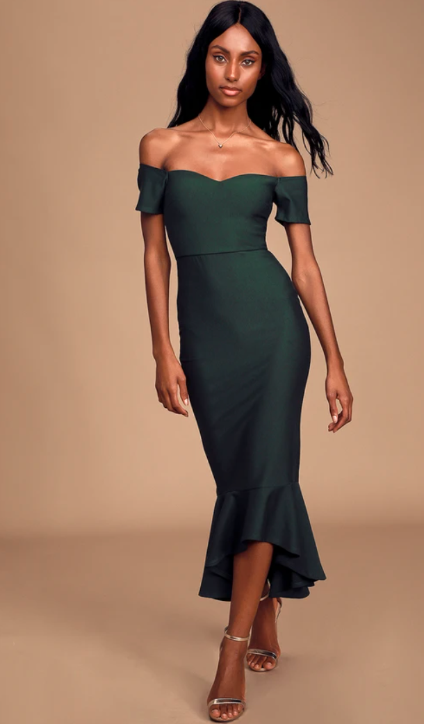 Lulus + How Much I Care Dark Green Off-The-Shoulder Midi Dress