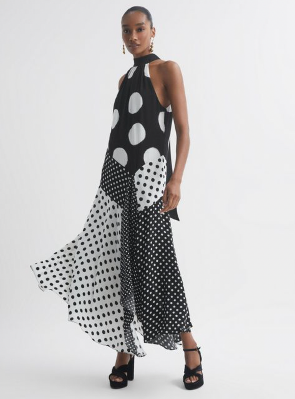 Reiss Florere Polka Dot Asymmetric Midi Dress