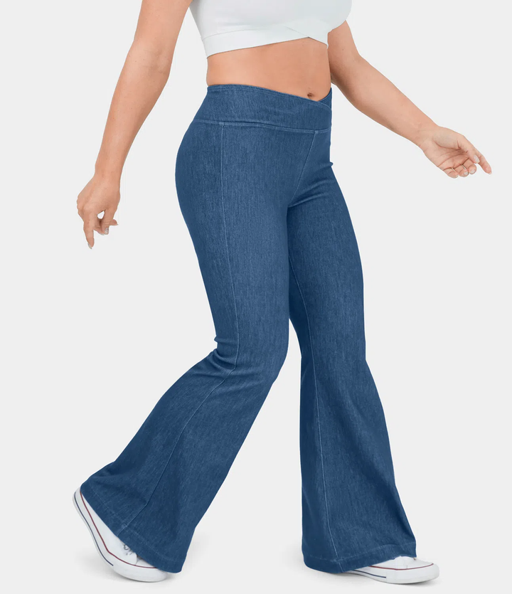 Stretchy Bell Bottom Jeans Crossover High Waist Flared Solid Color