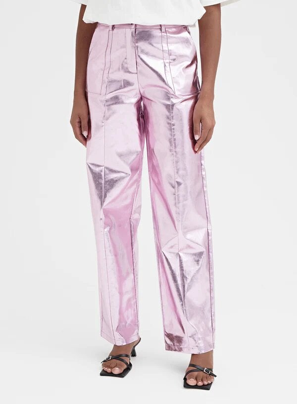 4th & Reckless + Metallic Straight Leg Trousers In Pink