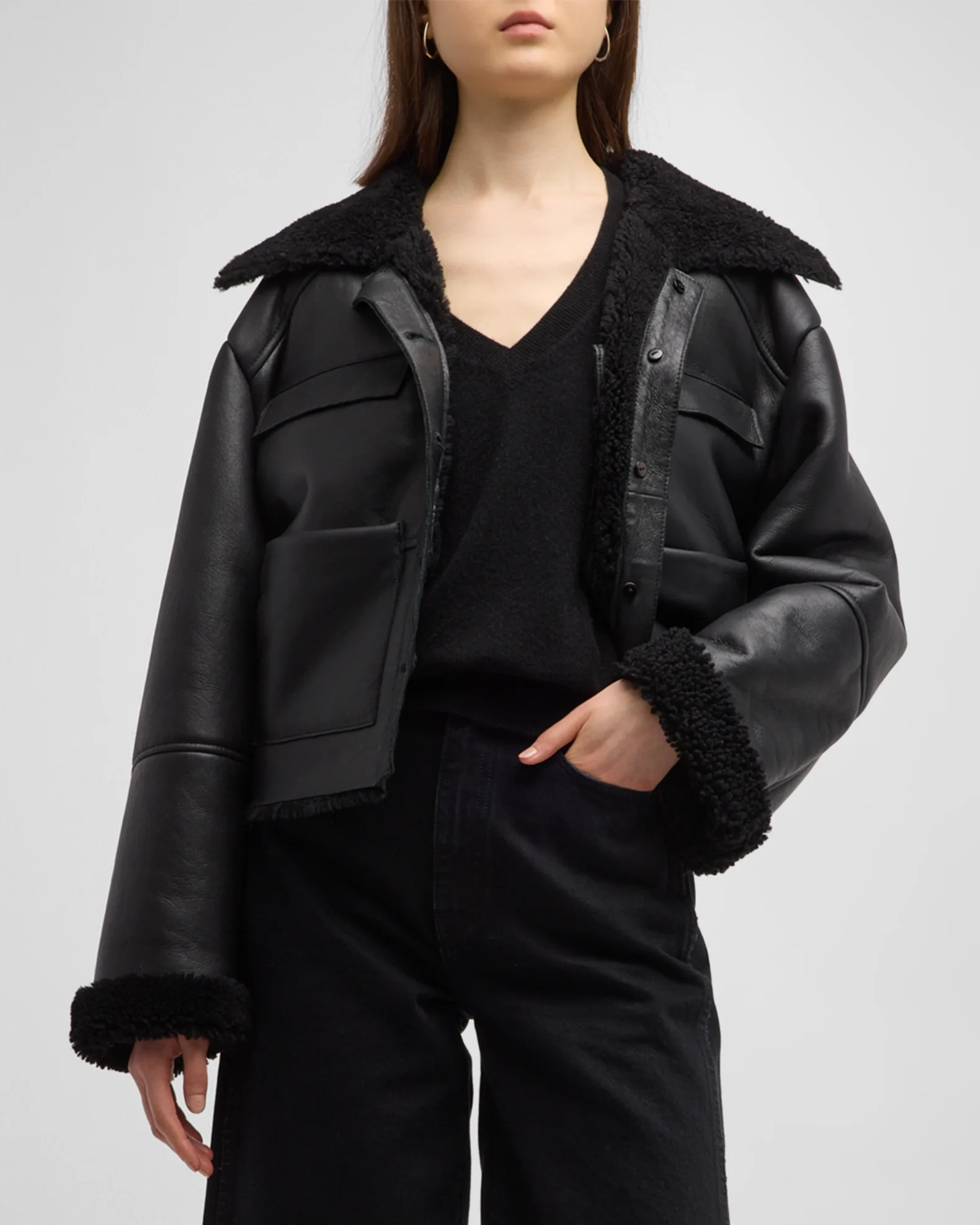 LOULOU STUDIO + Bugur Leather Aviator Jacket with Shearling Trim