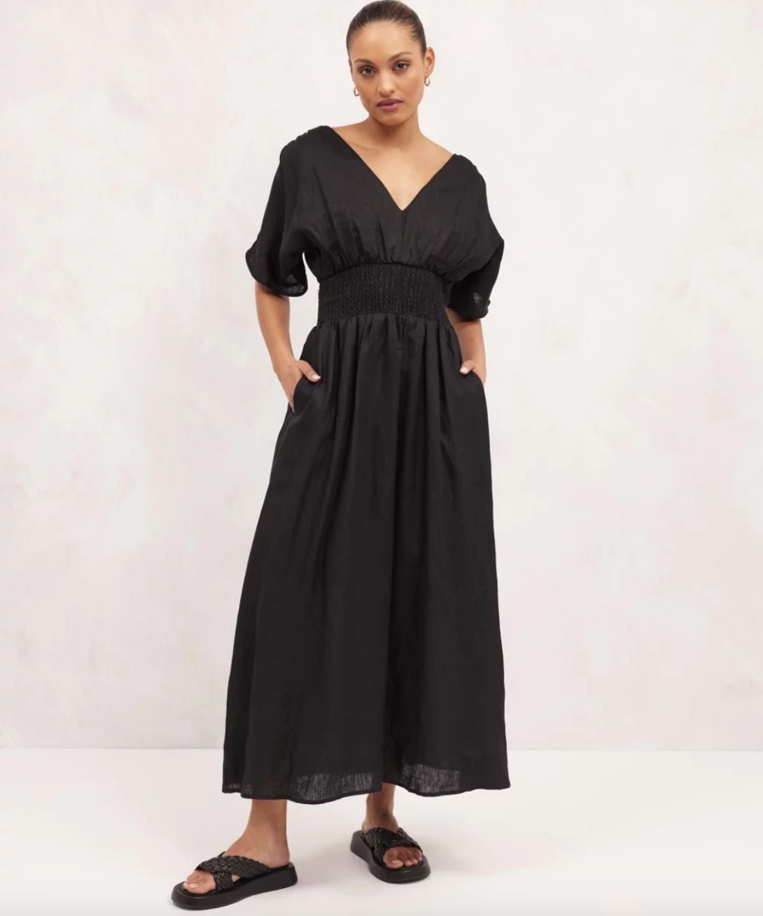 AERE + Linen Shirred Waist Midi Dress