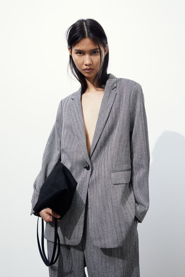 H&M + Single-Breasted Blazer in Grey Herringbone