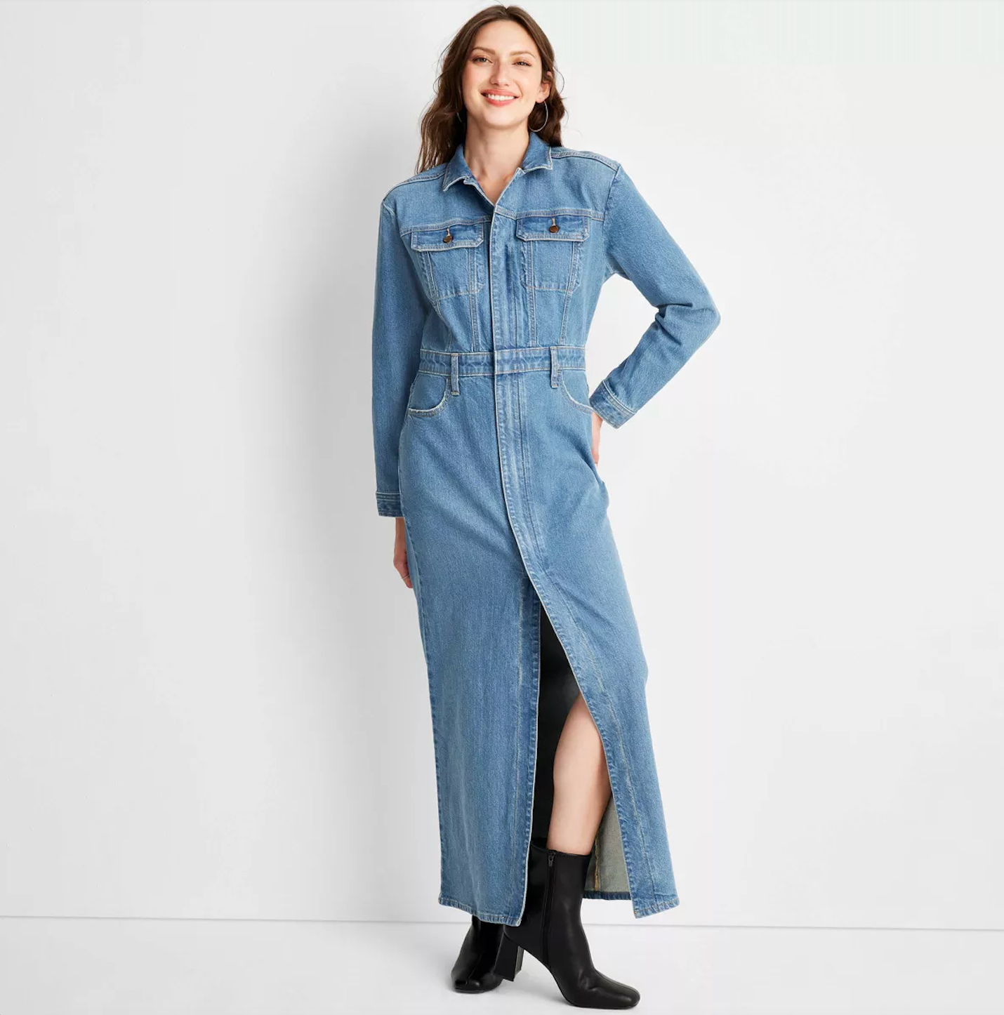 Overall dress with long hot sale sleeve