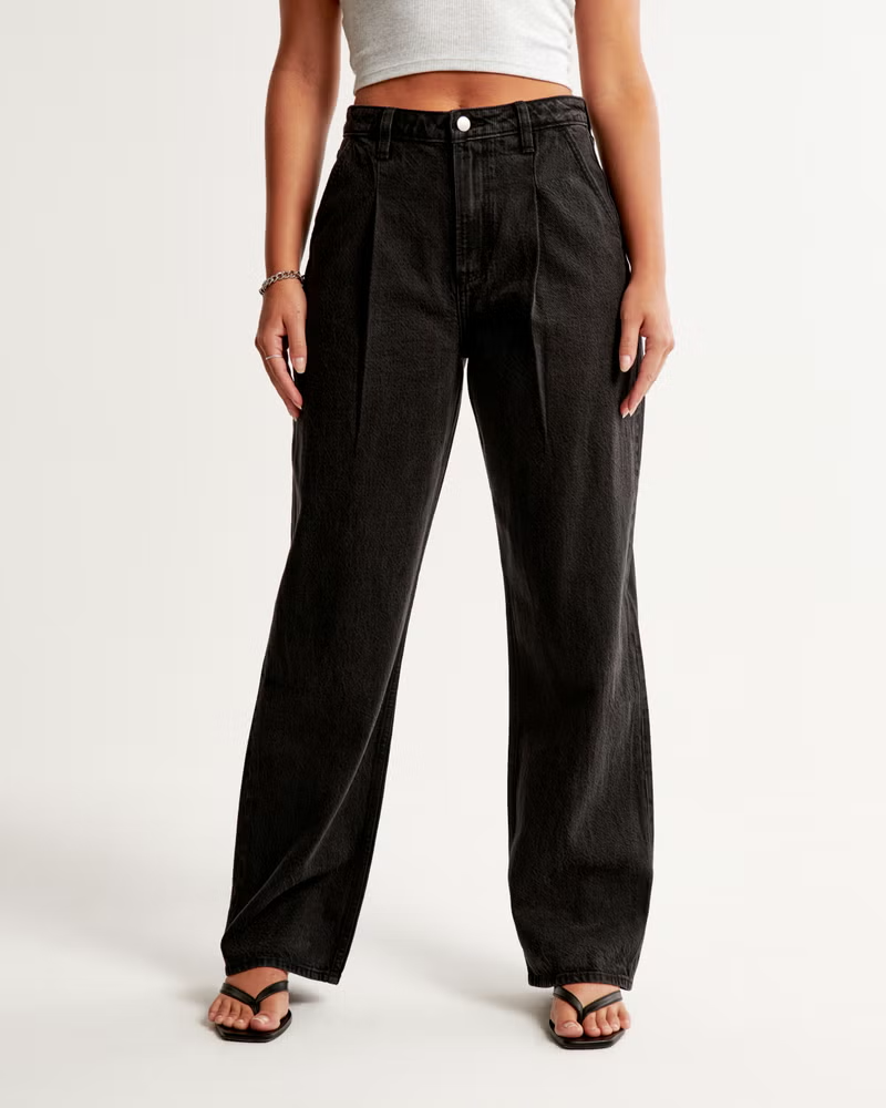 Abercrombie & Fitch + Curve Love High Rise Loose Jean (Black With Pleats)