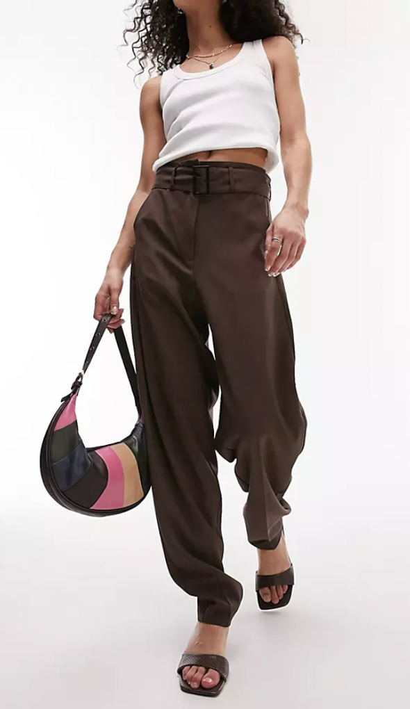 Topshop + Belted Peg Pants In Chocolate